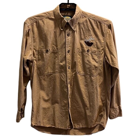 Cabelas Mens Medium Regular Tan Button-Up Shirt With Embroidered Elk Pocket - Picture 8 of 8